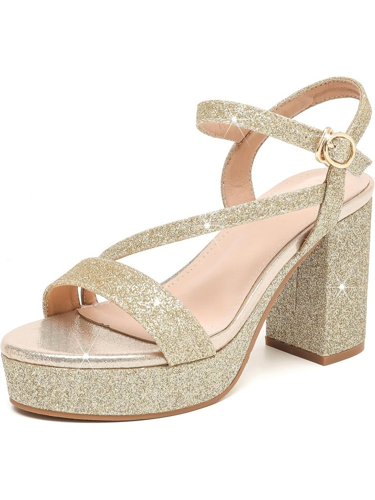 Women's Gold Platform Heels High Block Chunky Heel Open Toe Ankle Strap Shiny